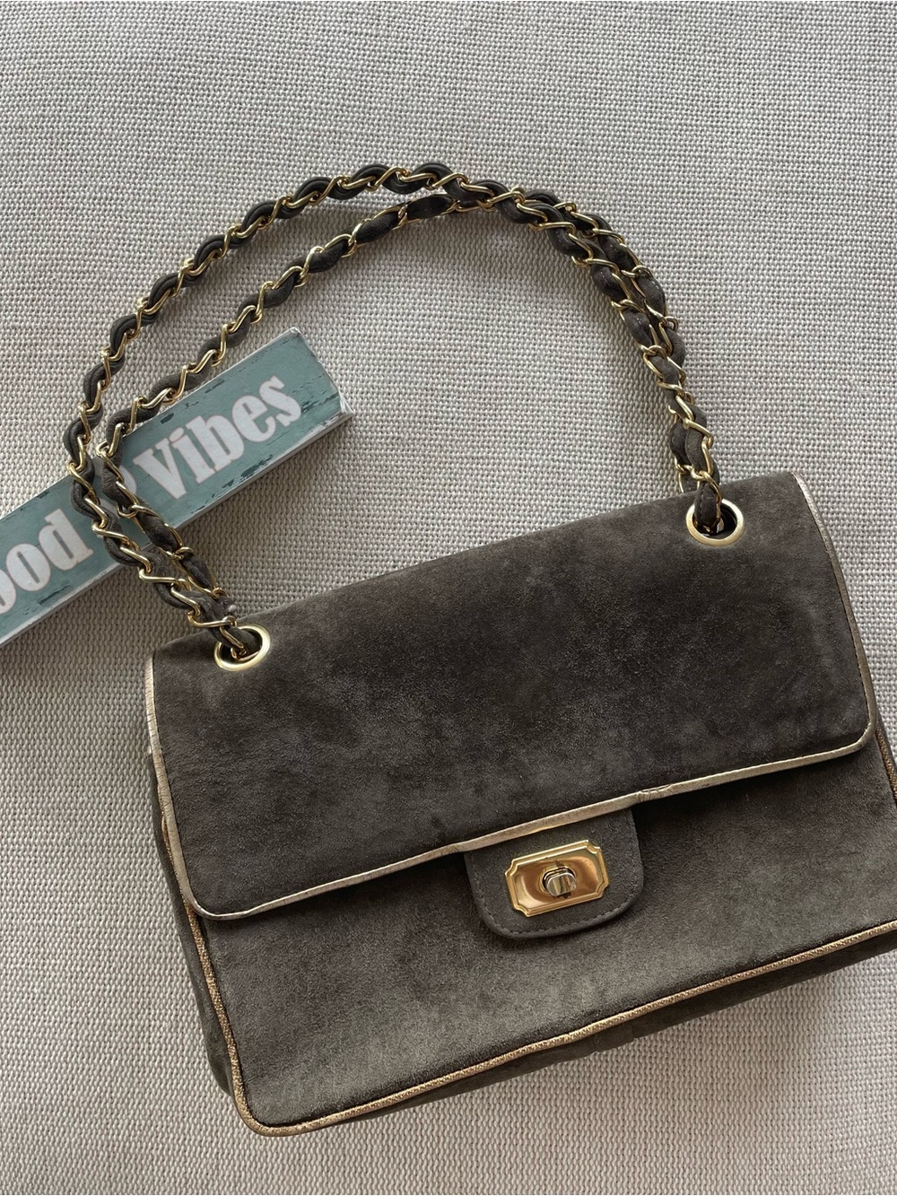 Vintage Meyers Suede Grey Taupe Bag Gold Edges Chain Strap 1970s